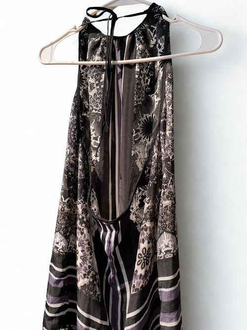 A-Line Tropical pure silk maxi Dress | Open Back | Side Slit